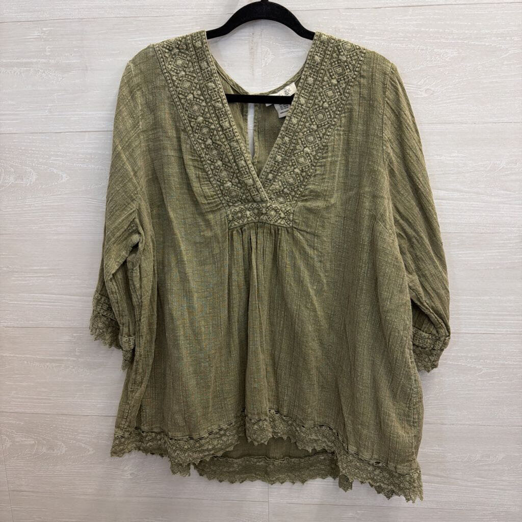 Rachel Zoe Green Embroidered Long SLeeve Top 2X