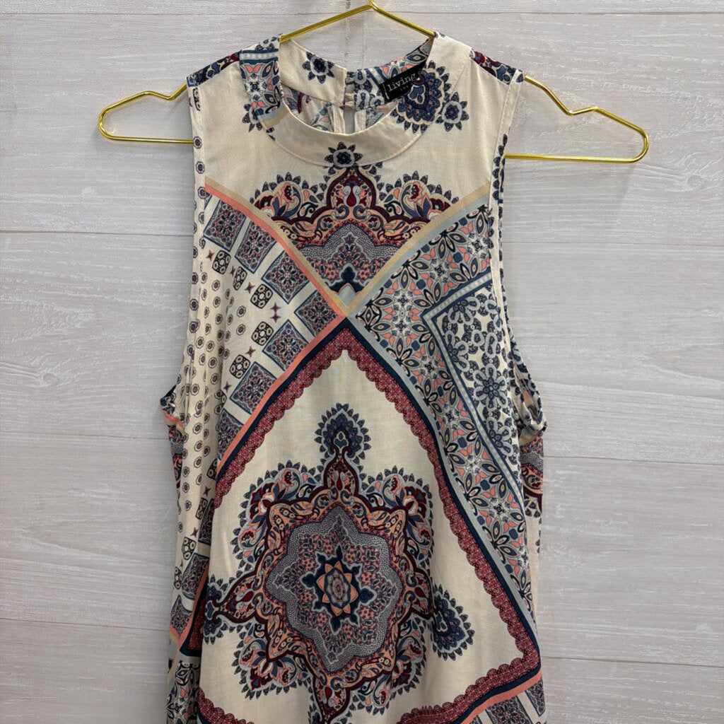 Living Doll White/ Multi Print High Neck Sleeveless Dress Large