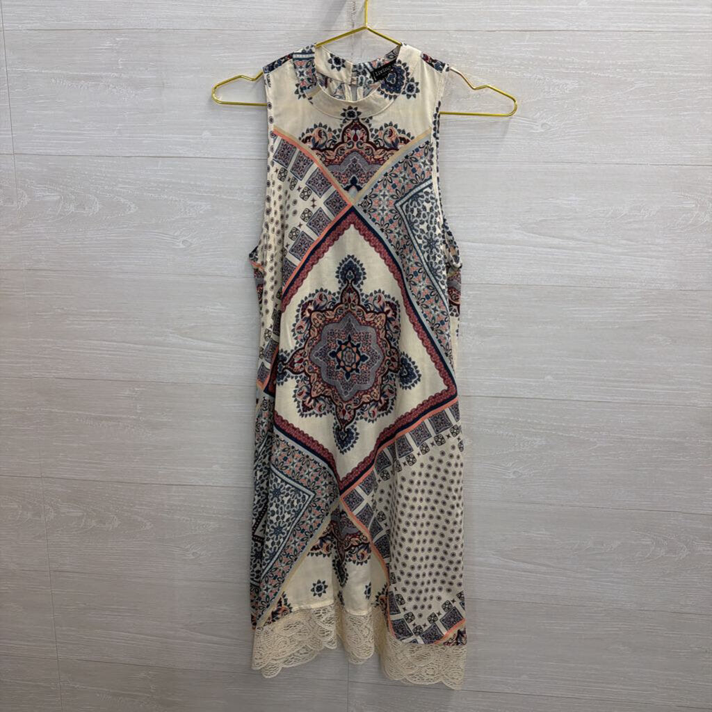 Living Doll White/ Multi Print High Neck Sleeveless Dress Large