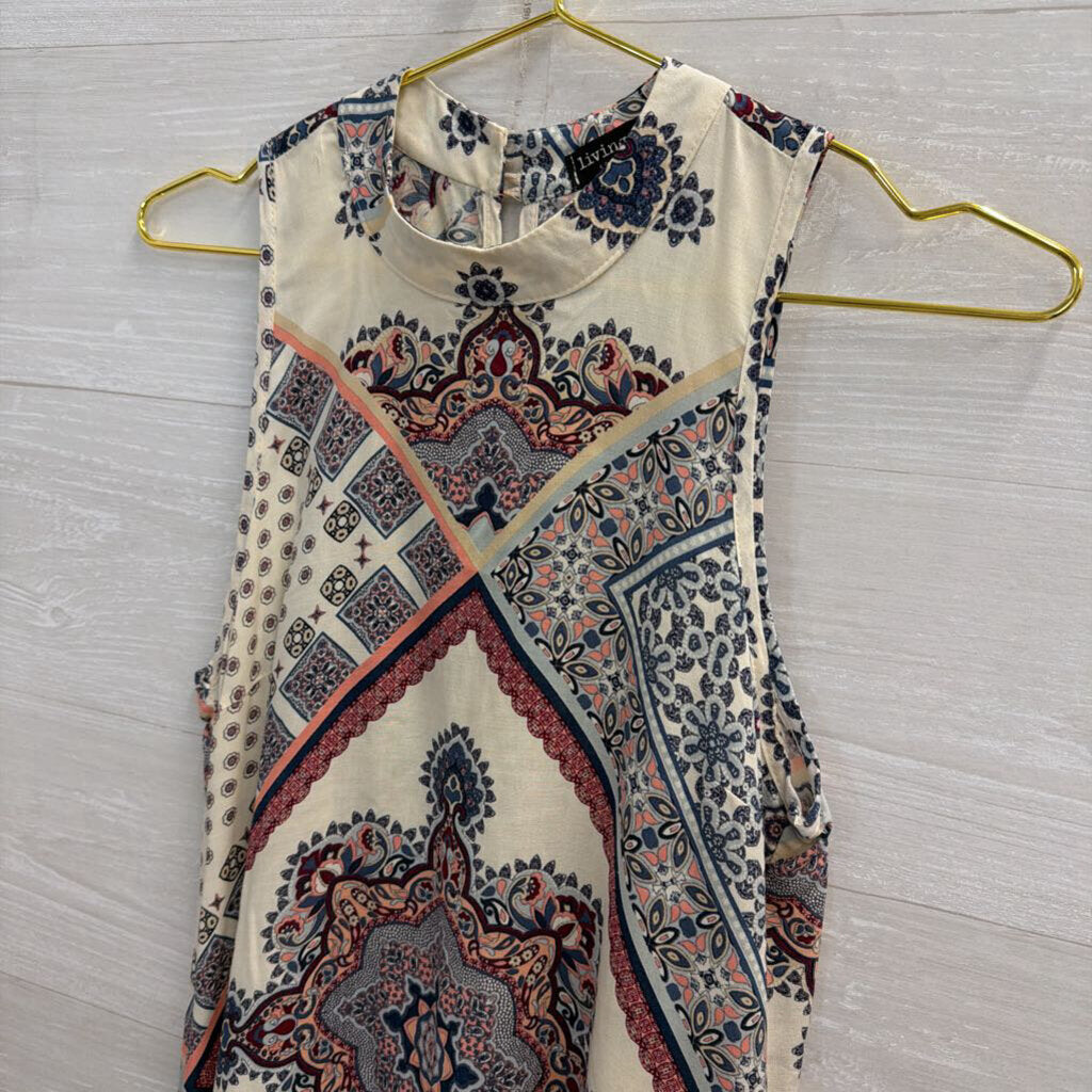 Living Doll White/ Multi Print High Neck Sleeveless Dress Large