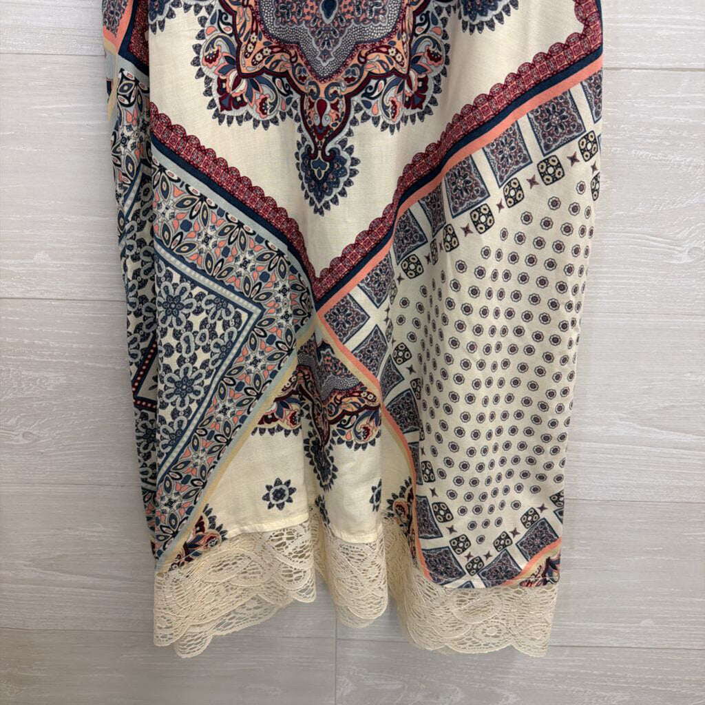 Living Doll White/ Multi Print High Neck Sleeveless Dress Large