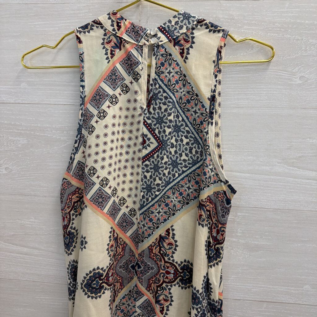 Living Doll White/ Multi Print High Neck Sleeveless Dress Large