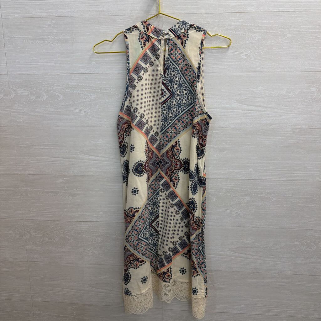 Living Doll White/ Multi Print High Neck Sleeveless Dress Large