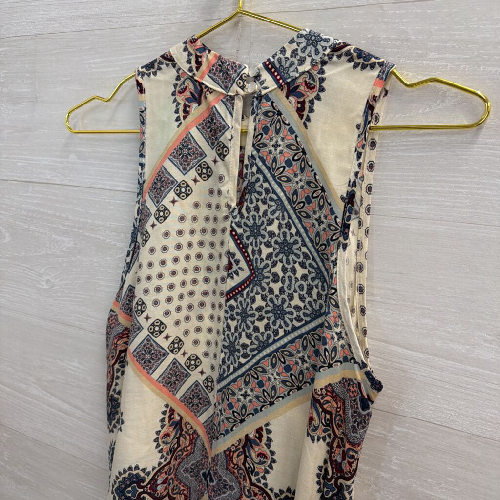 Living Doll White/ Multi Print High Neck Sleeveless Dress Large