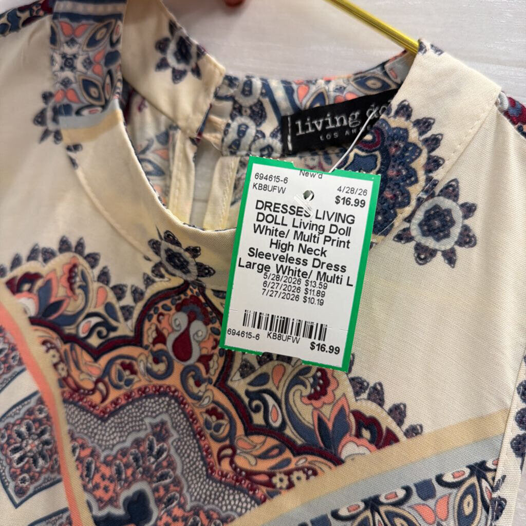 Living Doll White/ Multi Print High Neck Sleeveless Dress Large