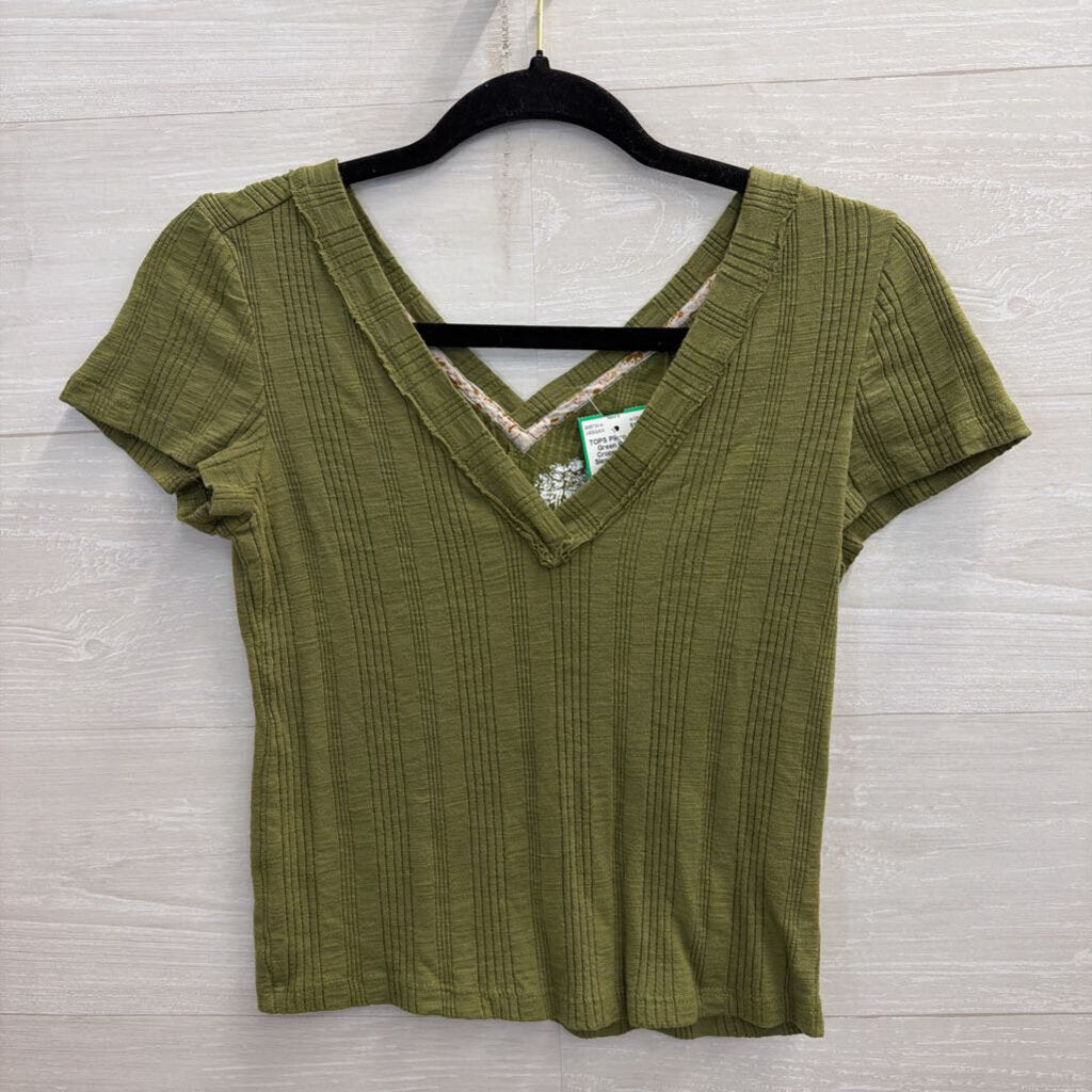 Pilcro Green Ribbed Cropped Short Sleeve Top Small