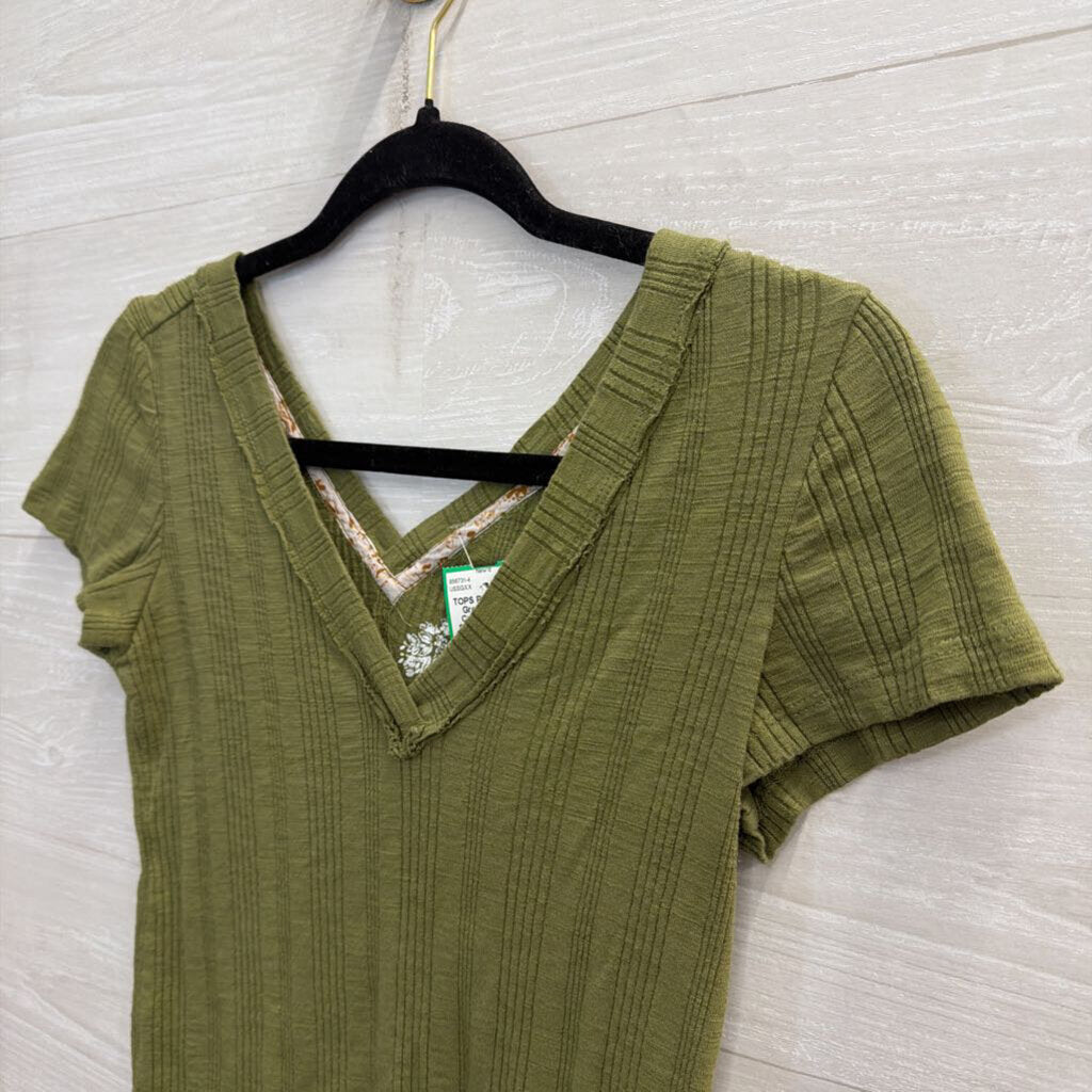 Pilcro Green Ribbed Cropped Short Sleeve Top Small