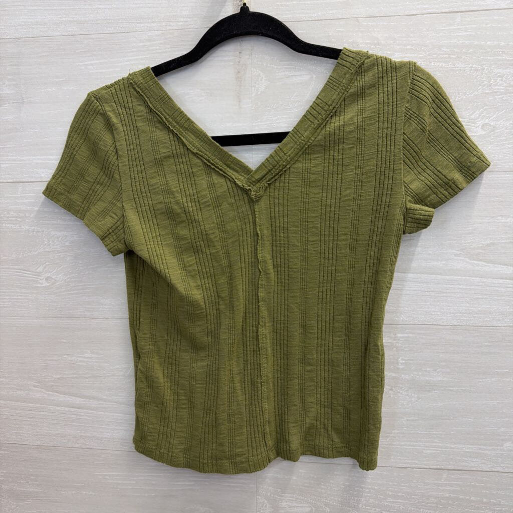 Pilcro Green Ribbed Cropped Short Sleeve Top Small