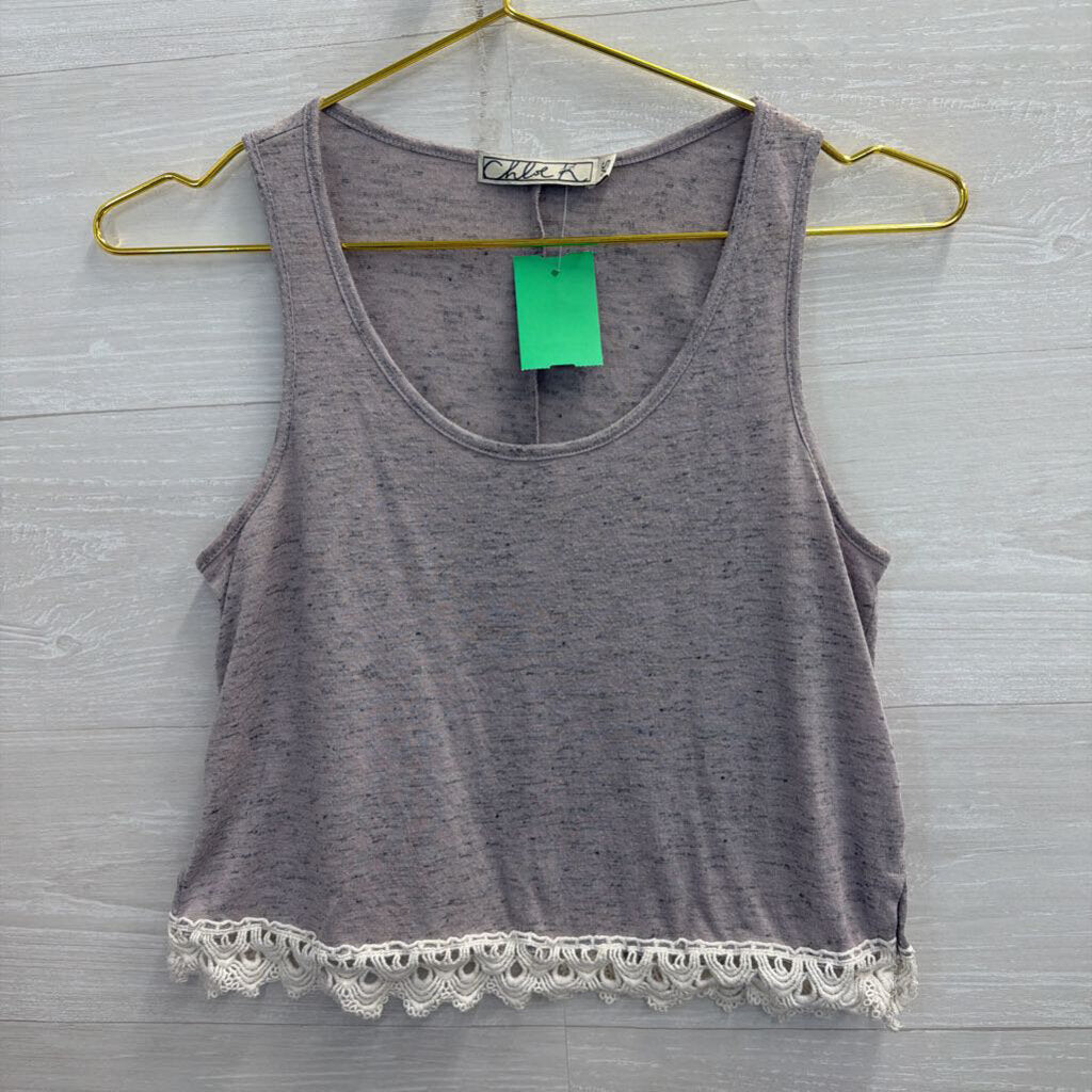 Chloe K Grey/ White Trim Cropped Tank Top Extra Small