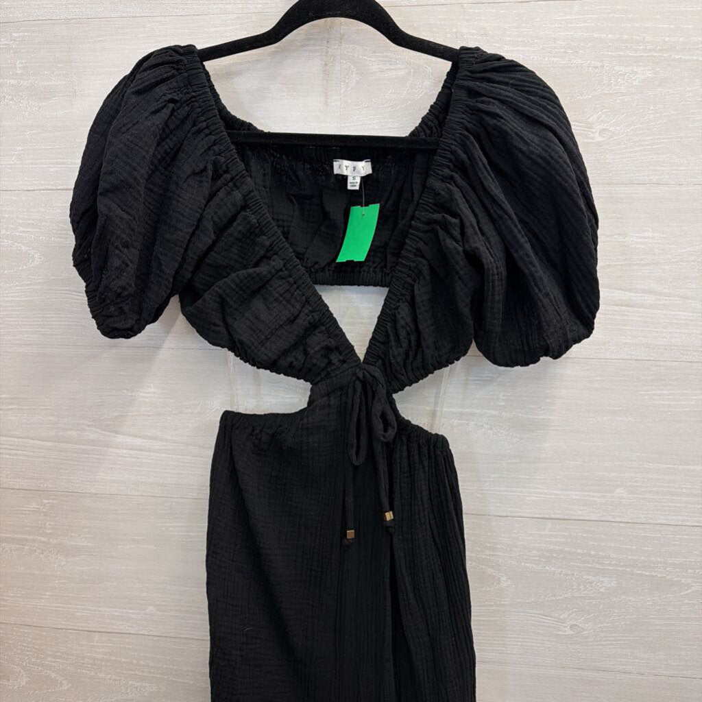 HYFVE Black Textured Short Puff Sleeve Cutout Jumpsuit Small