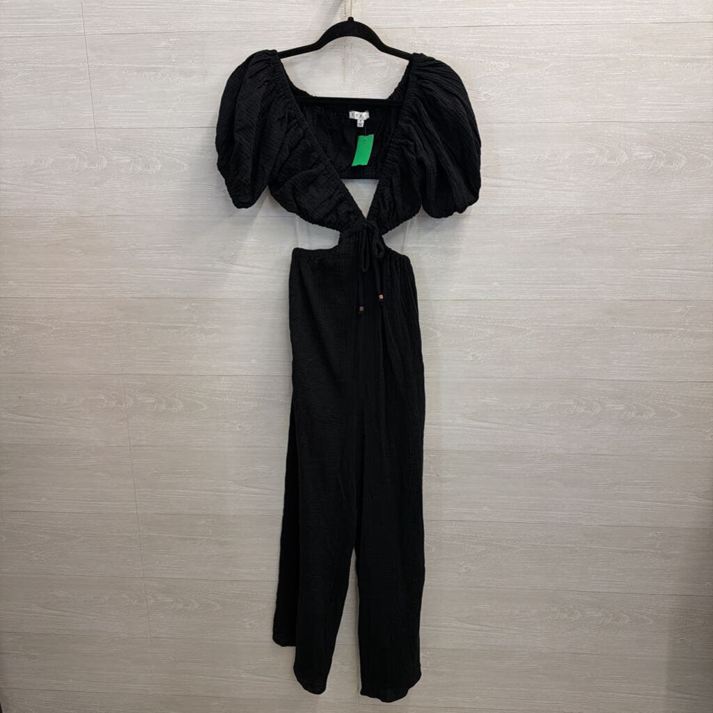 HYFVE Black Textured Short Puff Sleeve Cutout Jumpsuit Small