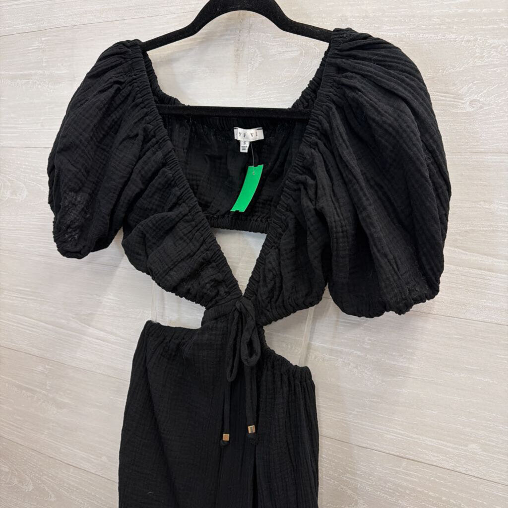 HYFVE Black Textured Short Puff Sleeve Cutout Jumpsuit Small