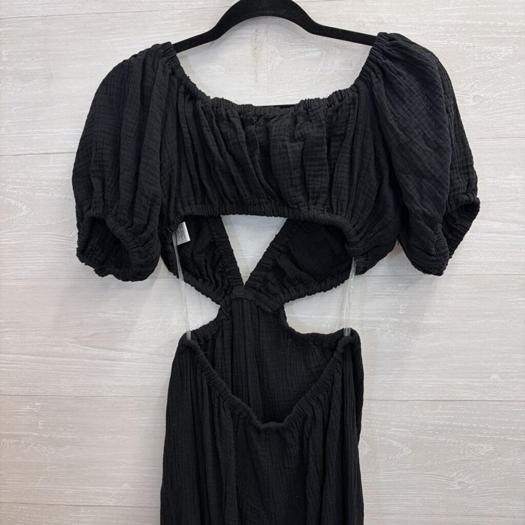 HYFVE Black Textured Short Puff Sleeve Cutout Jumpsuit Small