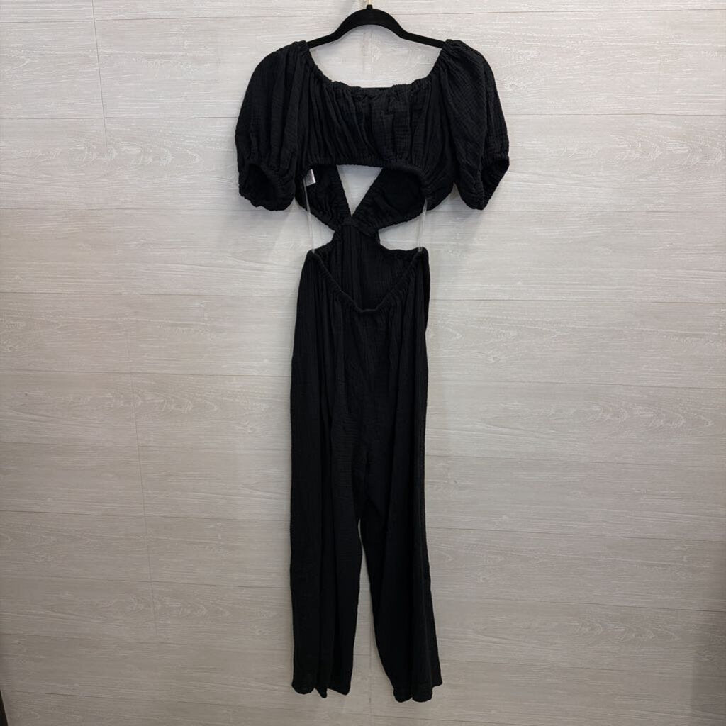 HYFVE Black Textured Short Puff Sleeve Cutout Jumpsuit Small