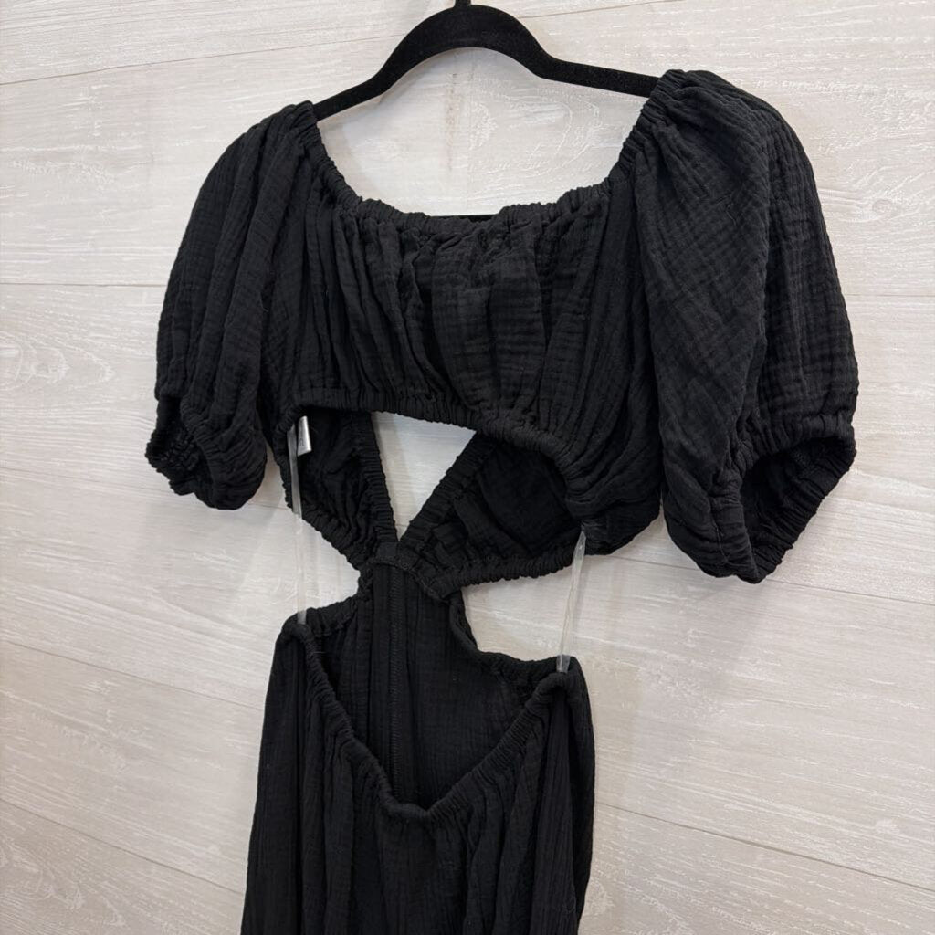HYFVE Black Textured Short Puff Sleeve Cutout Jumpsuit Small