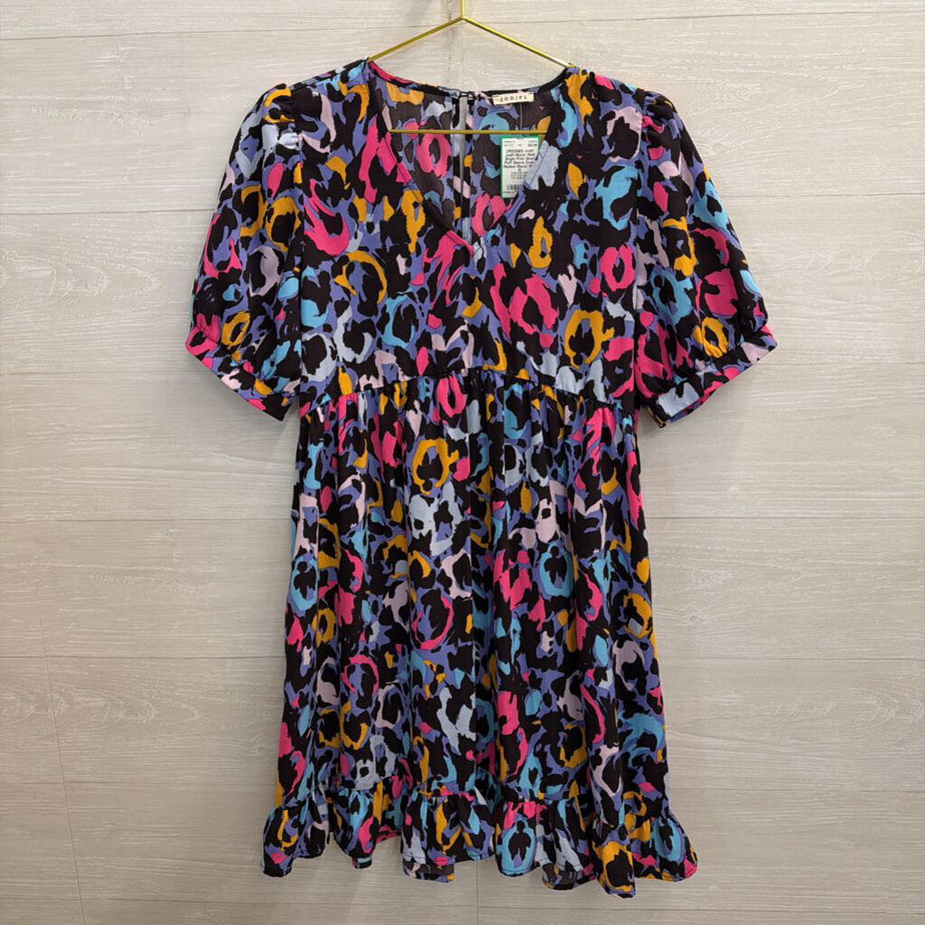 Jodifl Black/ Multi Bright Print Short Puff Sleeve Dress Medium