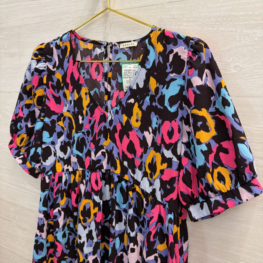 Jodifl Black/ Multi Bright Print Short Puff Sleeve Dress Medium