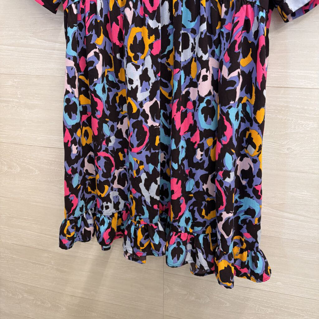 Jodifl Black/ Multi Bright Print Short Puff Sleeve Dress Medium