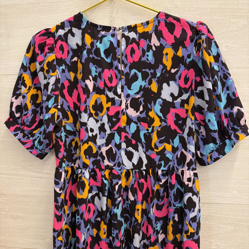 Jodifl Black/ Multi Bright Print Short Puff Sleeve Dress Medium