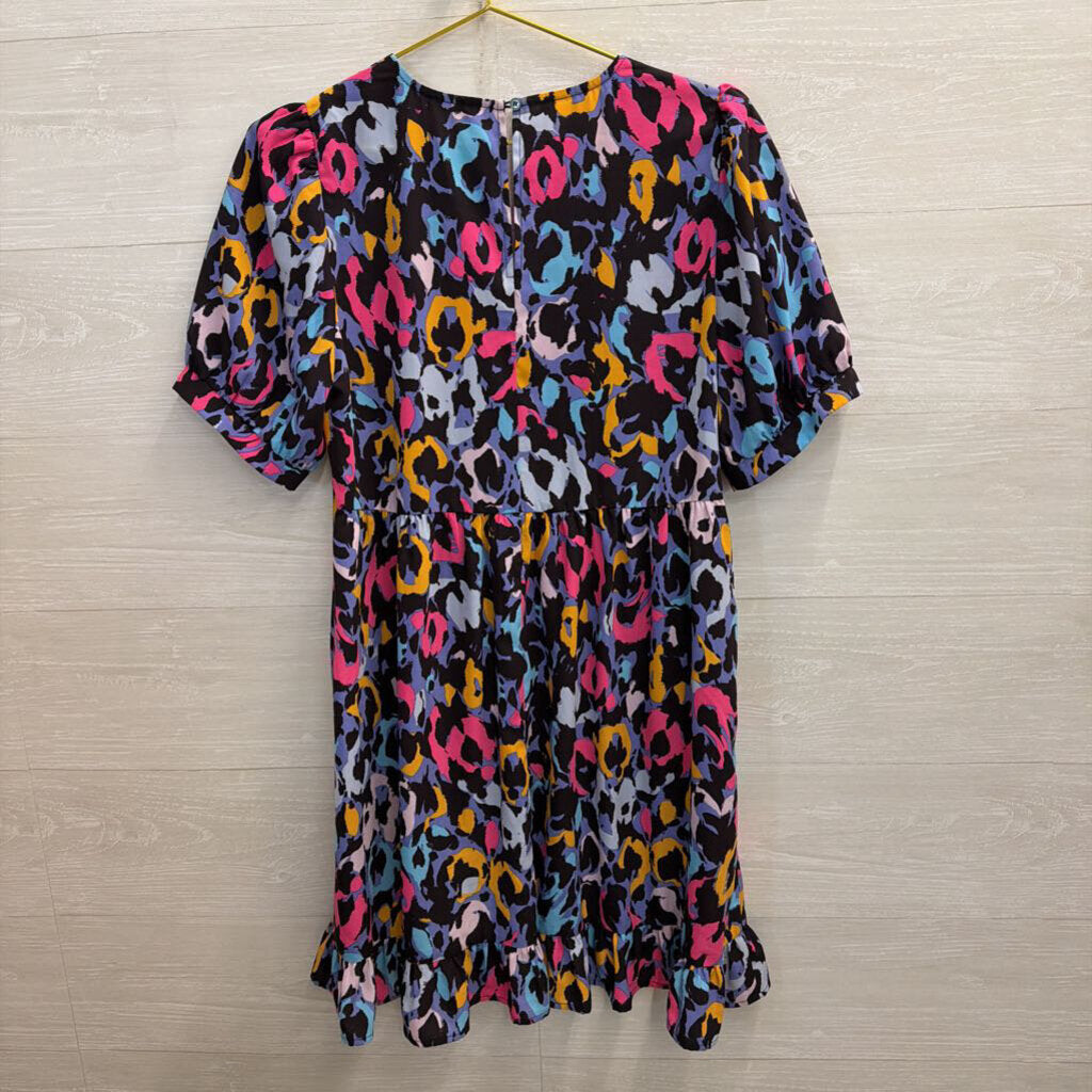 Jodifl Black/ Multi Bright Print Short Puff Sleeve Dress Medium