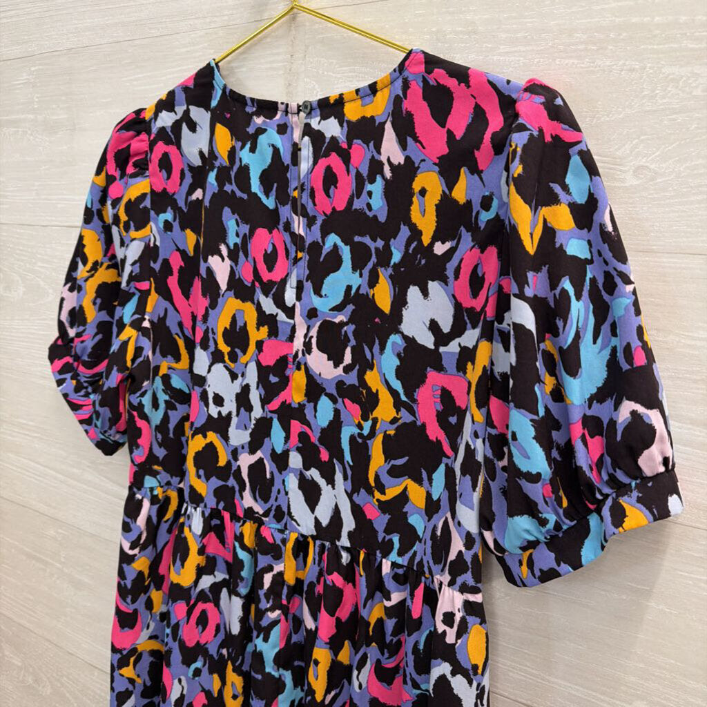 Jodifl Black/ Multi Bright Print Short Puff Sleeve Dress Medium