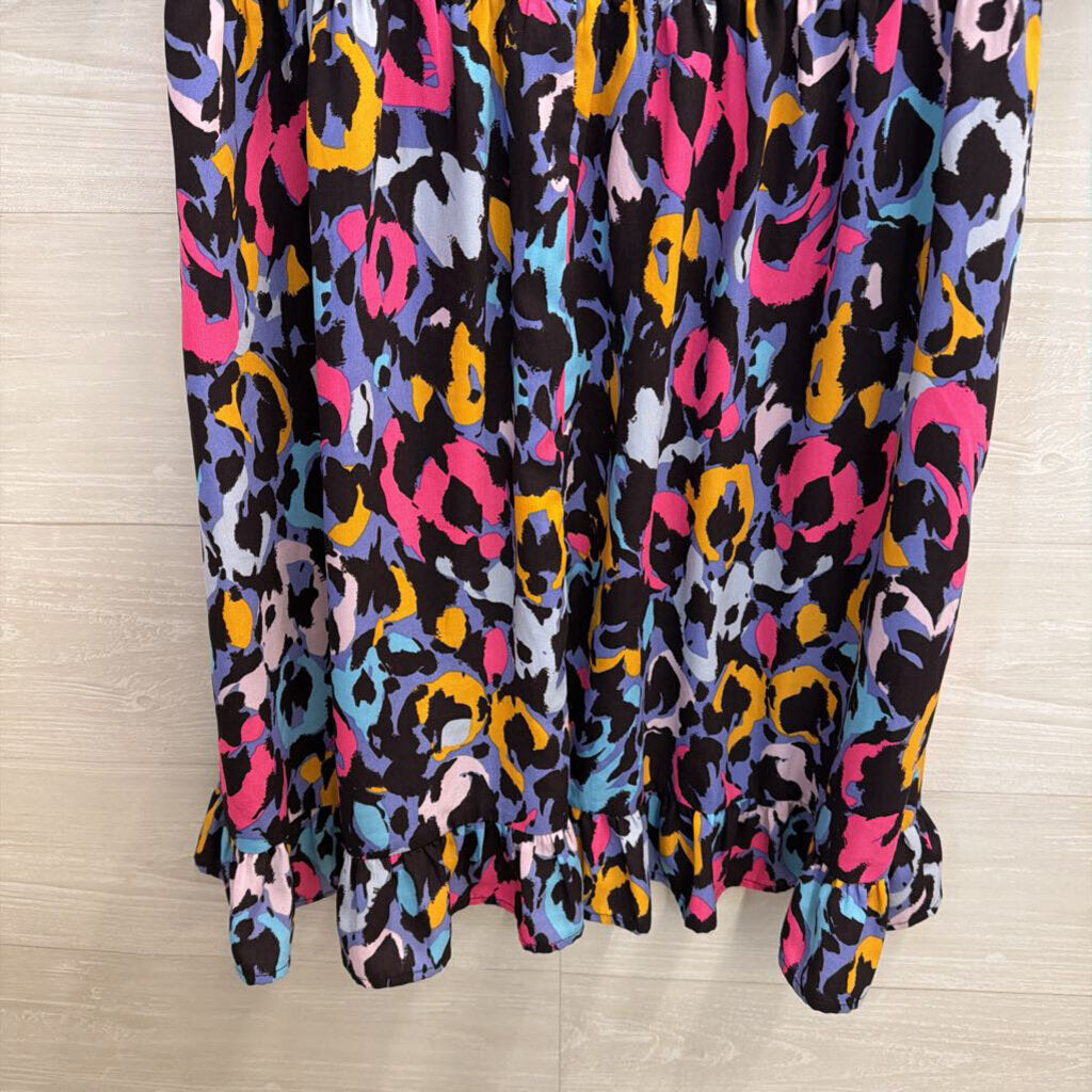 Jodifl Black/ Multi Bright Print Short Puff Sleeve Dress Medium