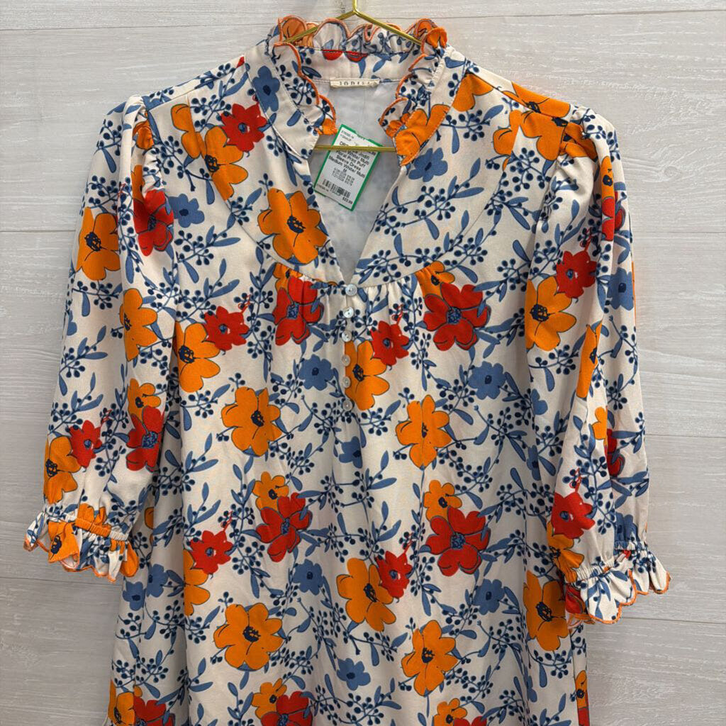 Jodifl White/ Multi Floral Print Puff Sleeve Dress Medium