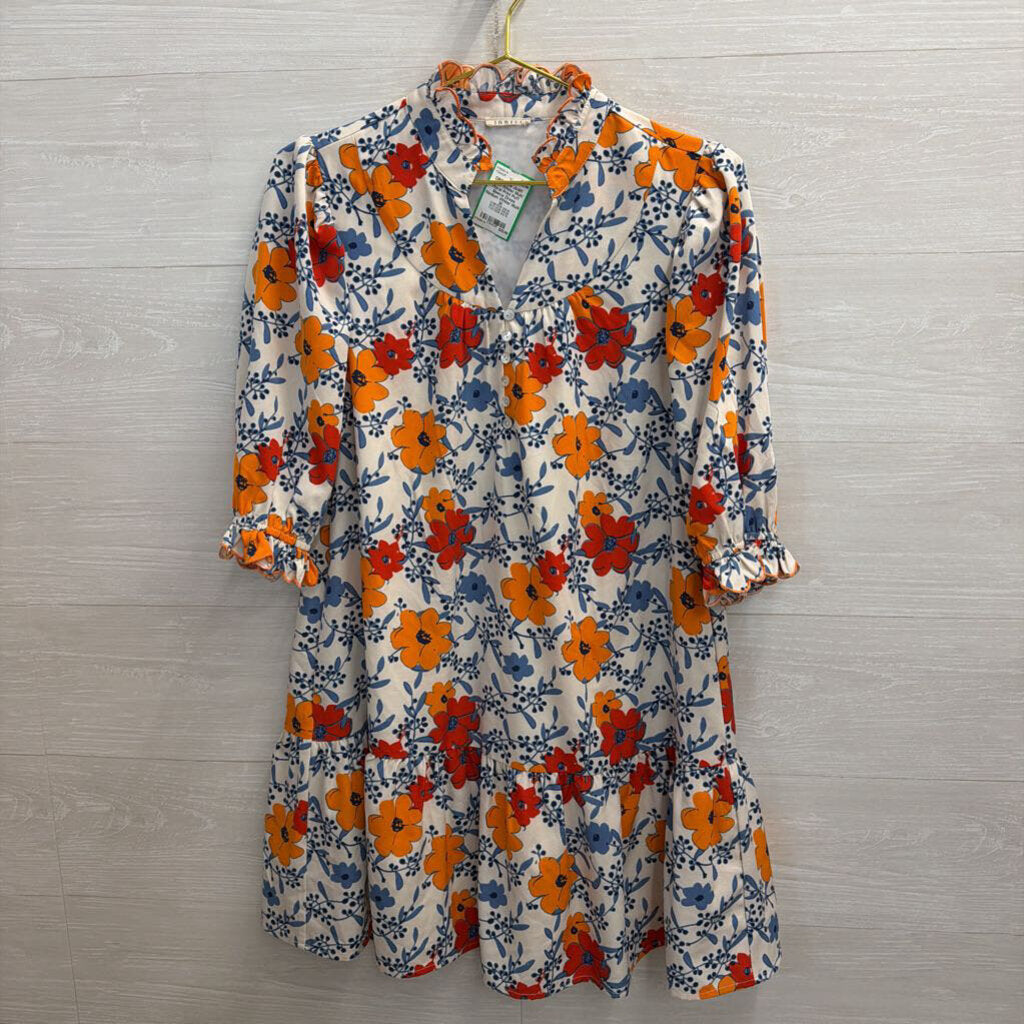 Jodifl White/ Multi Floral Print Puff Sleeve Dress Medium