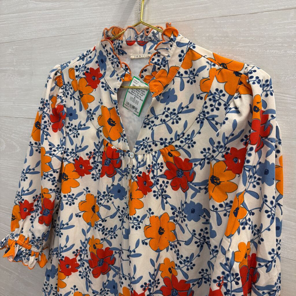 Jodifl White/ Multi Floral Print Puff Sleeve Dress Medium