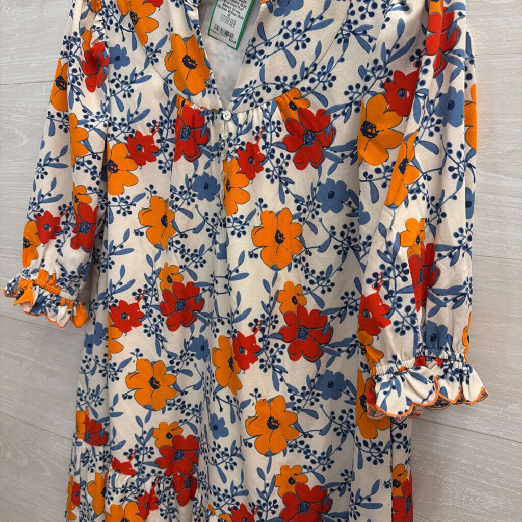 Jodifl White/ Multi Floral Print Puff Sleeve Dress Medium