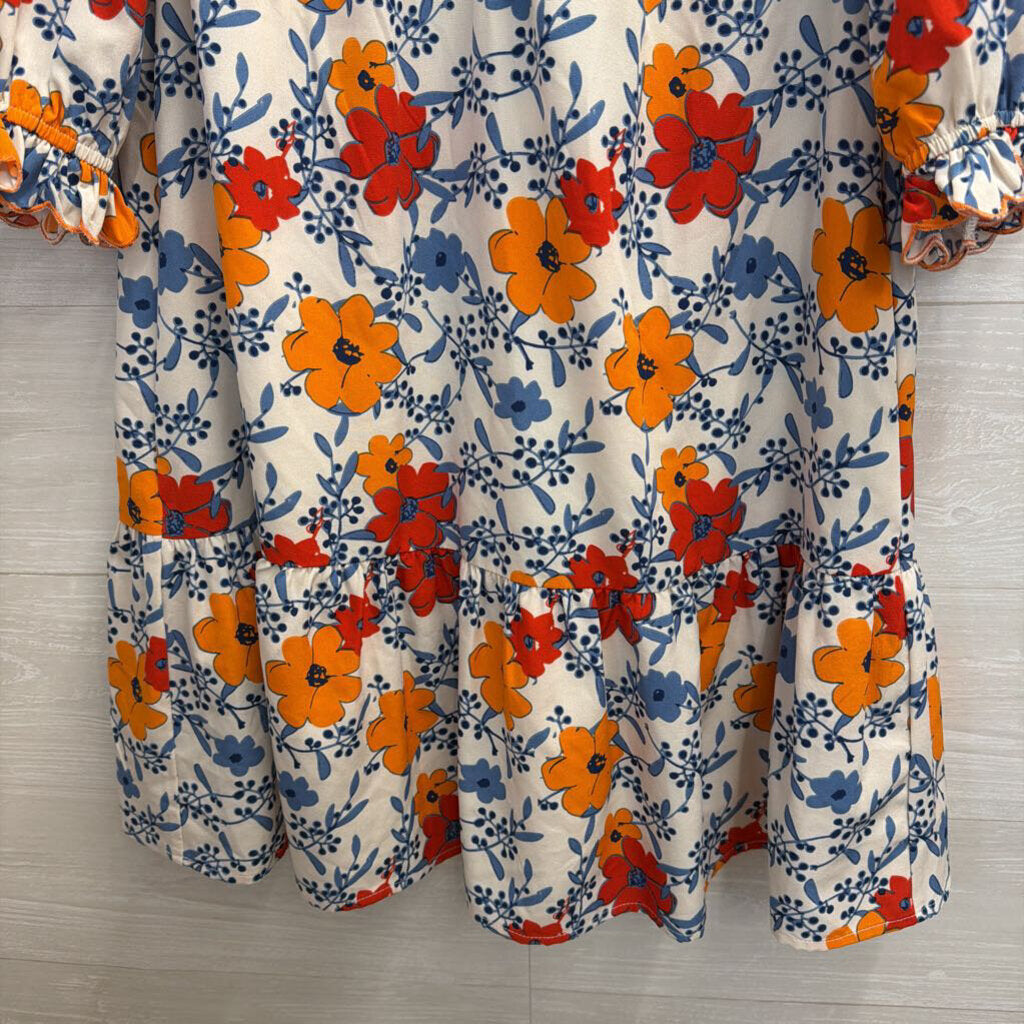 Jodifl White/ Multi Floral Print Puff Sleeve Dress Medium
