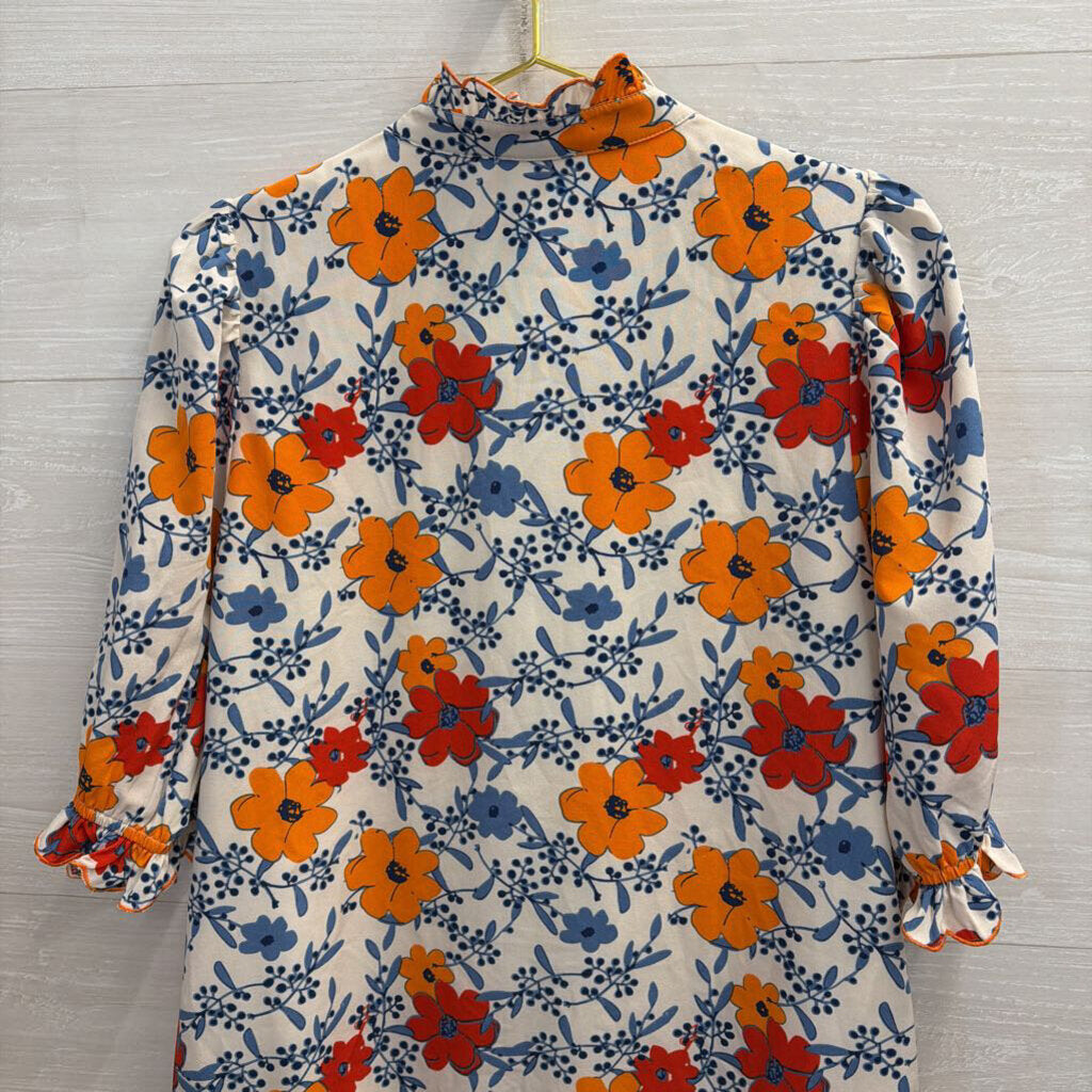 Jodifl White/ Multi Floral Print Puff Sleeve Dress Medium