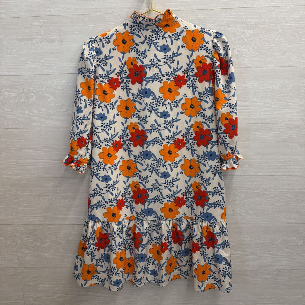 Jodifl White/ Multi Floral Print Puff Sleeve Dress Medium