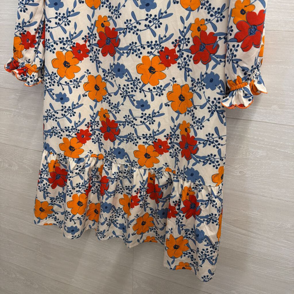 Jodifl White/ Multi Floral Print Puff Sleeve Dress Medium