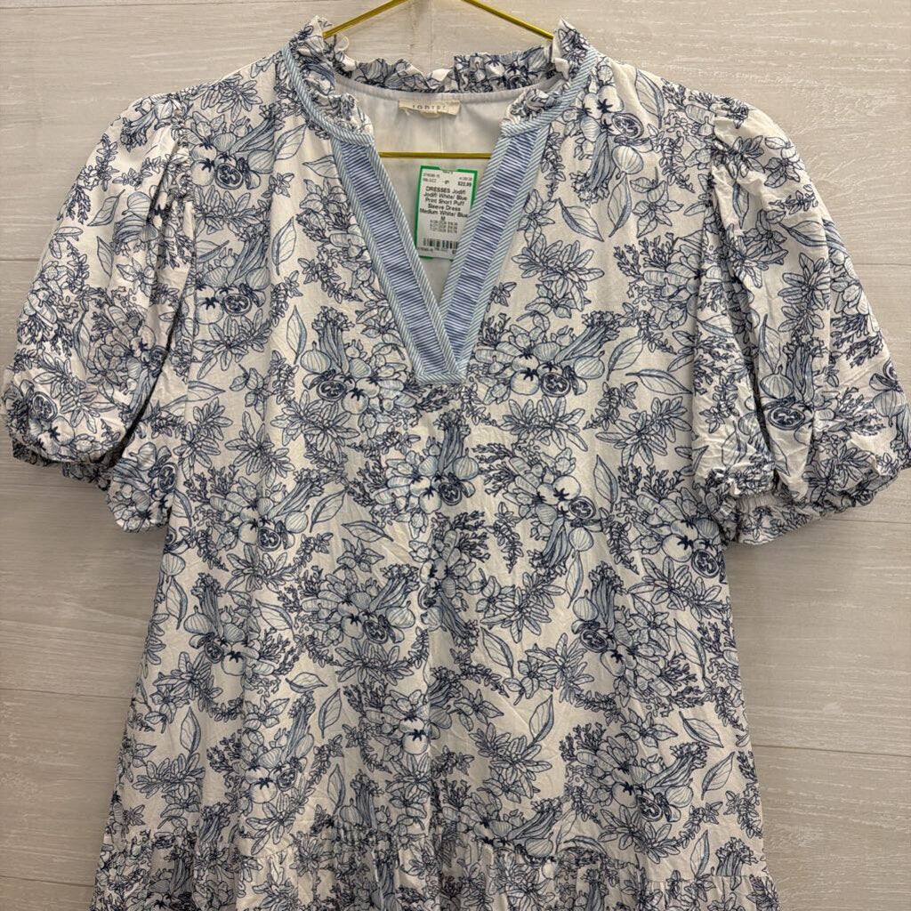 Jodifl White/ Blue Print Short Puff Sleeve Dress Medium