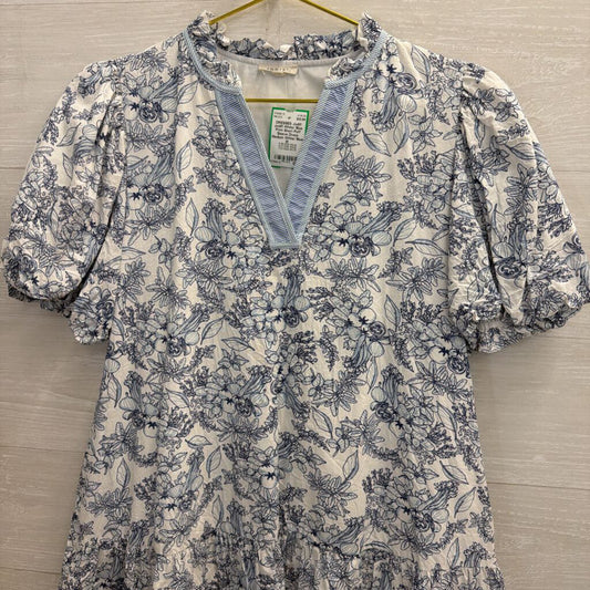 Jodifl White/ Blue Print Short Puff Sleeve Dress Medium