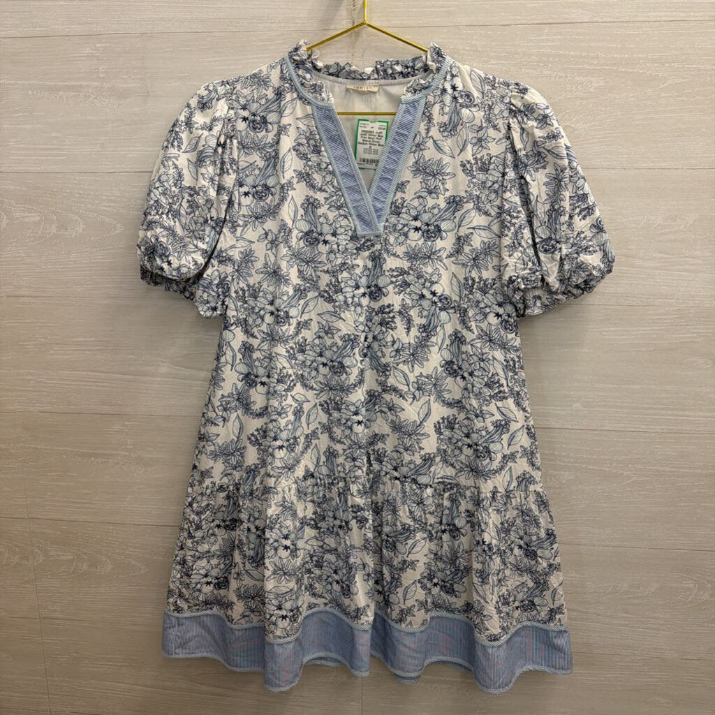 Jodifl White/ Blue Print Short Puff Sleeve Dress Medium