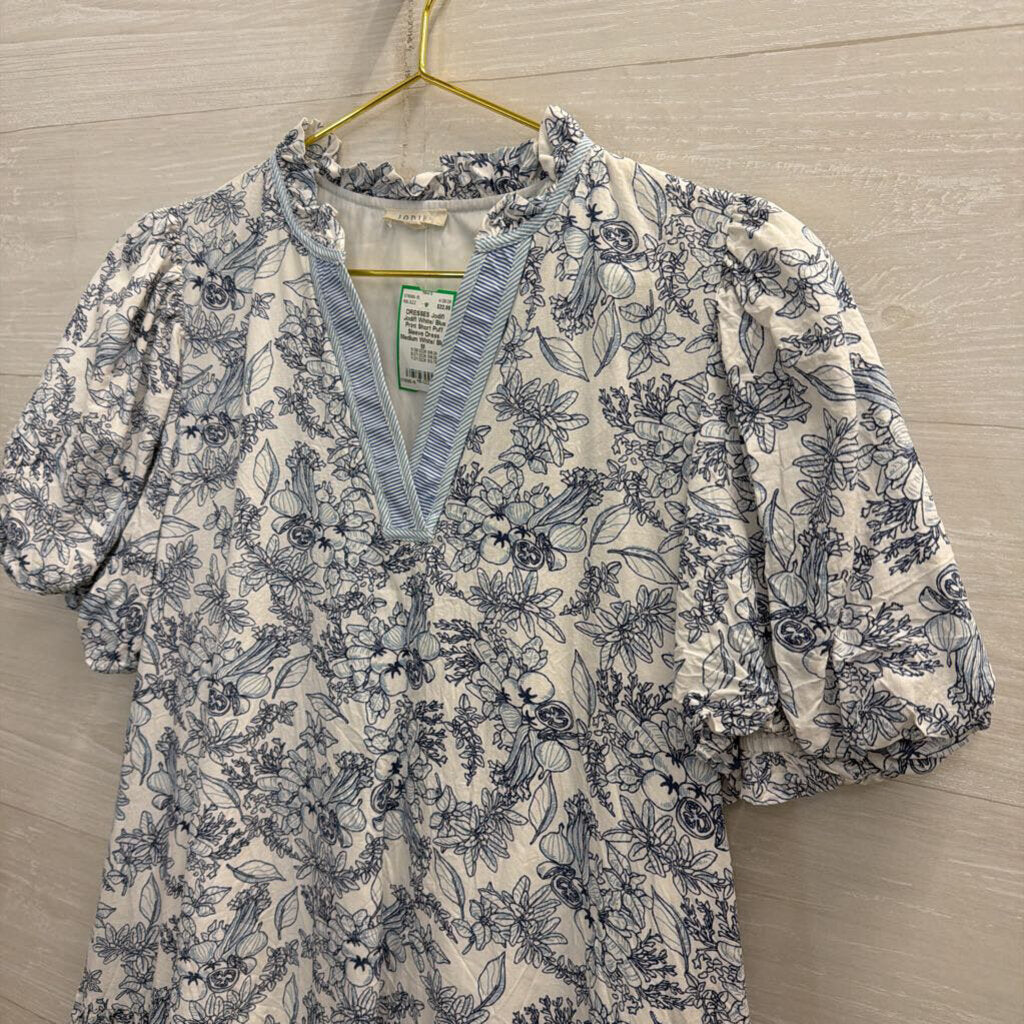 Jodifl White/ Blue Print Short Puff Sleeve Dress Medium