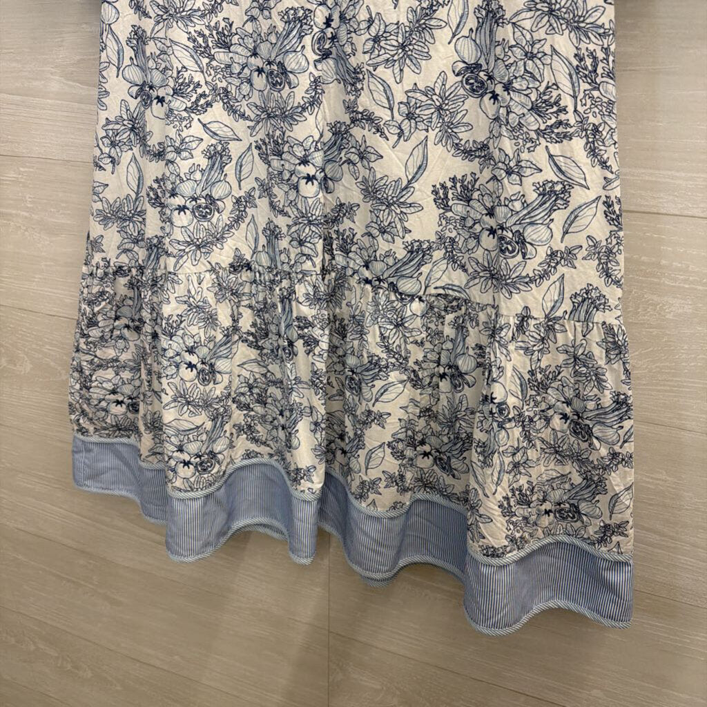 Jodifl White/ Blue Print Short Puff Sleeve Dress Medium