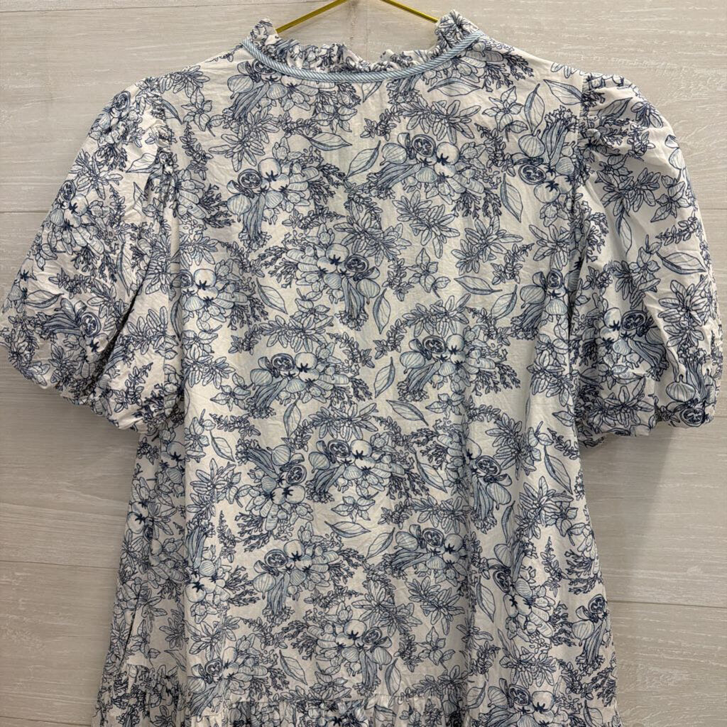 Jodifl White/ Blue Print Short Puff Sleeve Dress Medium