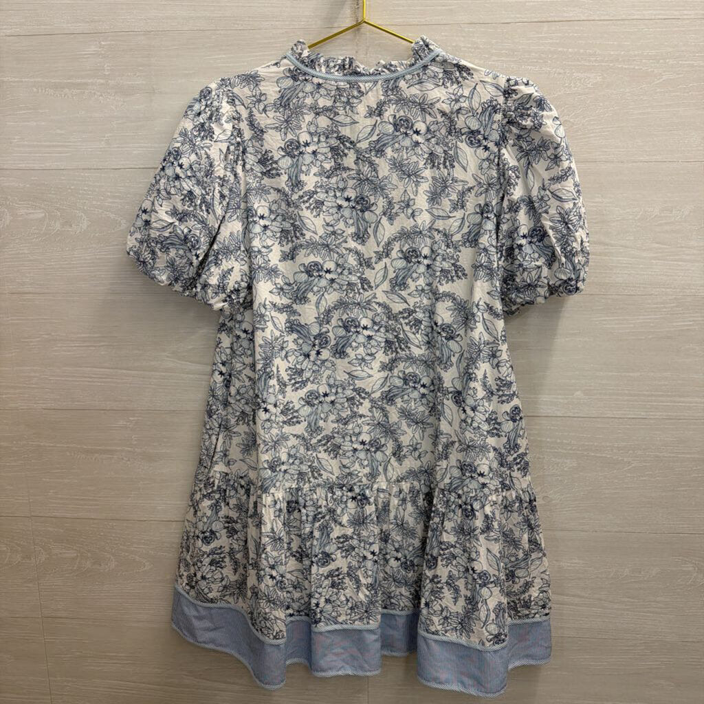 Jodifl White/ Blue Print Short Puff Sleeve Dress Medium