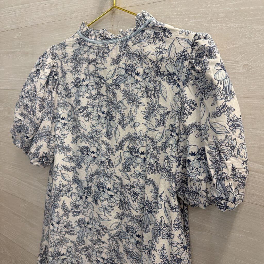 Jodifl White/ Blue Print Short Puff Sleeve Dress Medium