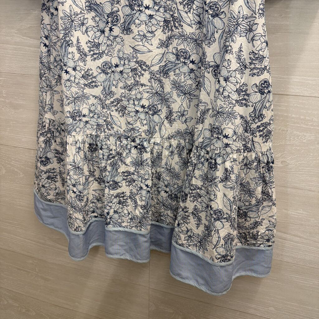 Jodifl White/ Blue Print Short Puff Sleeve Dress Medium