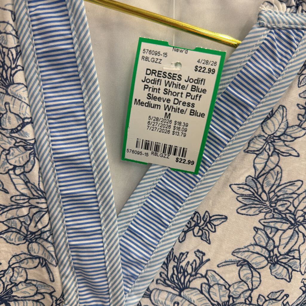 Jodifl White/ Blue Print Short Puff Sleeve Dress Medium