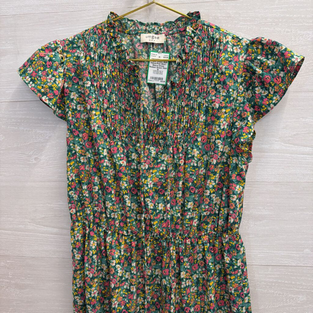 Umgee Green/ Multi Floral Print Short Sleeve Dress Medium