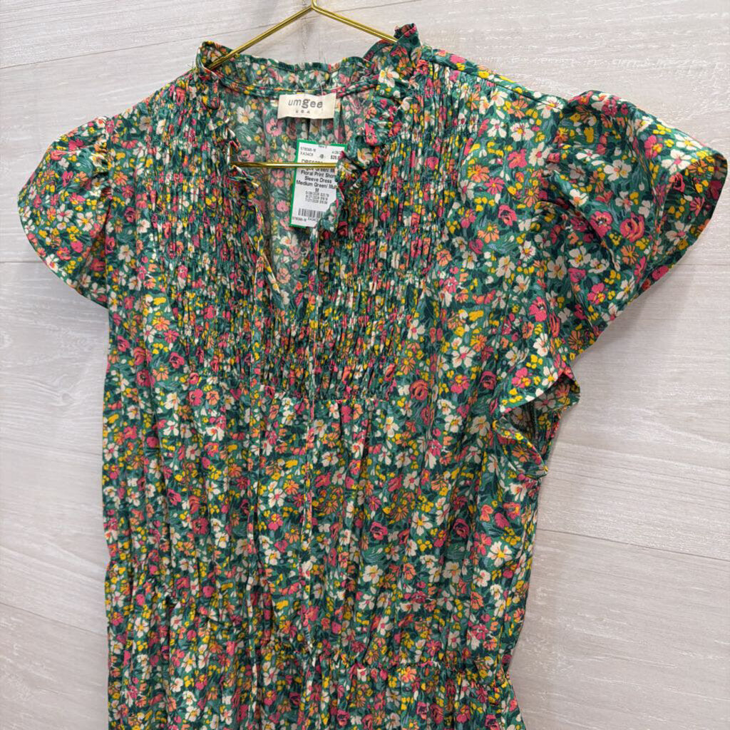 Umgee Green/ Multi Floral Print Short Sleeve Dress Medium