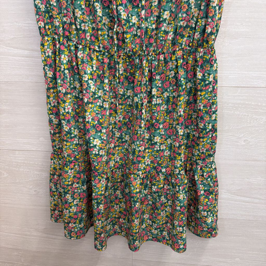 Umgee Green/ Multi Floral Print Short Sleeve Dress Medium