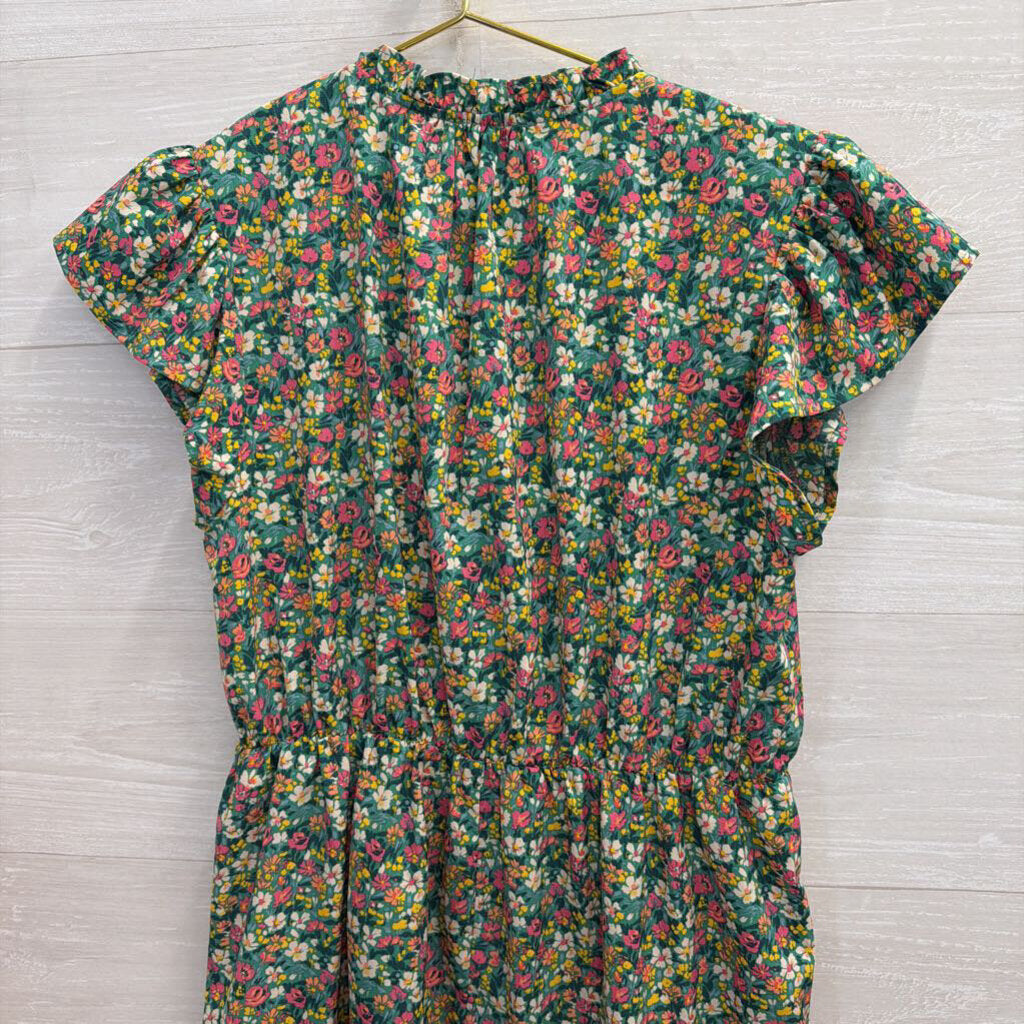 Umgee Green/ Multi Floral Print Short Sleeve Dress Medium