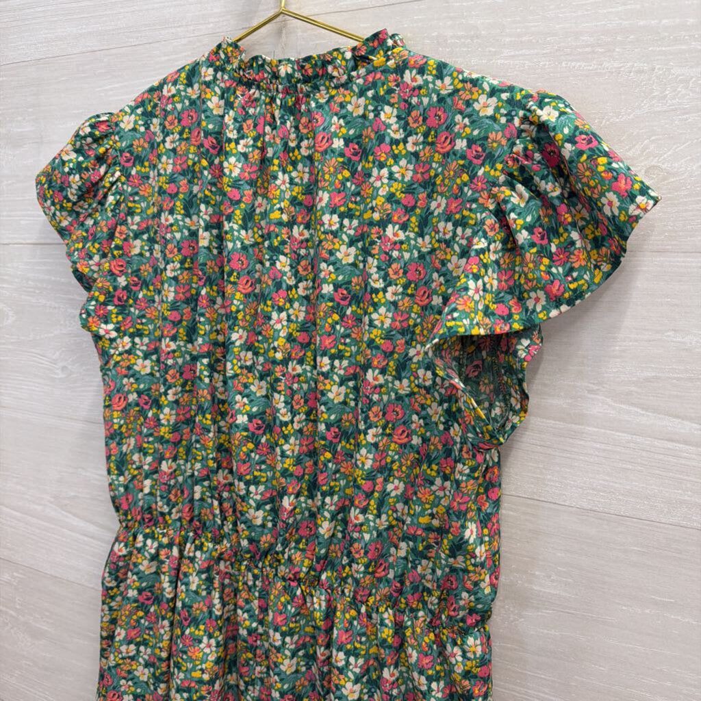Umgee Green/ Multi Floral Print Short Sleeve Dress Medium