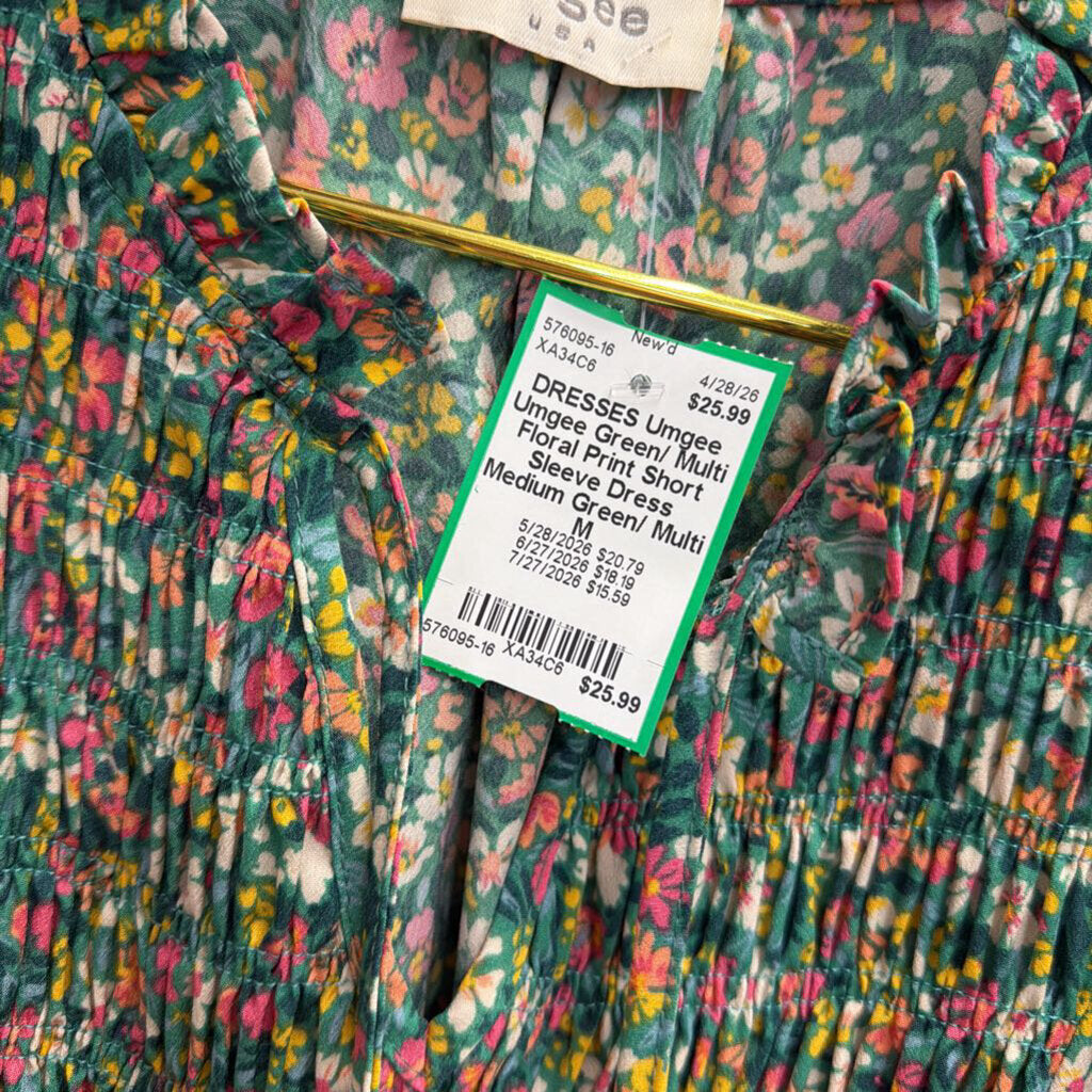 Umgee Green/ Multi Floral Print Short Sleeve Dress Medium